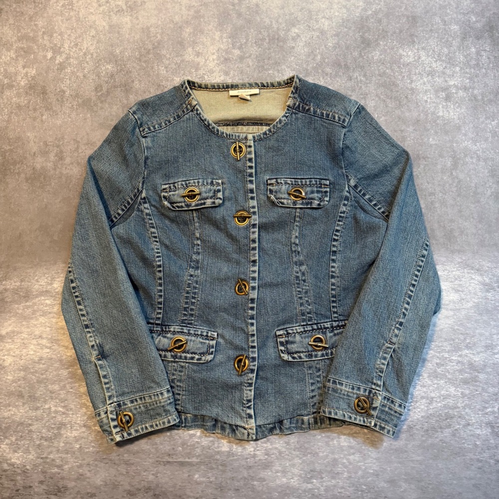 Y2K Dressbarn Womens Blue Jean Jacket Large Toggle Button Collarless Denim‎ Coat